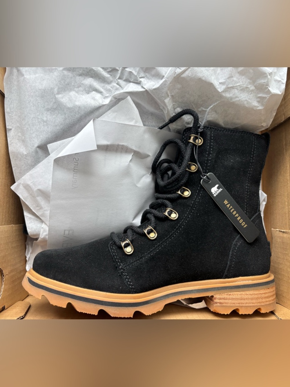 Sorel Black Suede Lace-Up Boot with Tan Sole - Waterproof - Never Worn